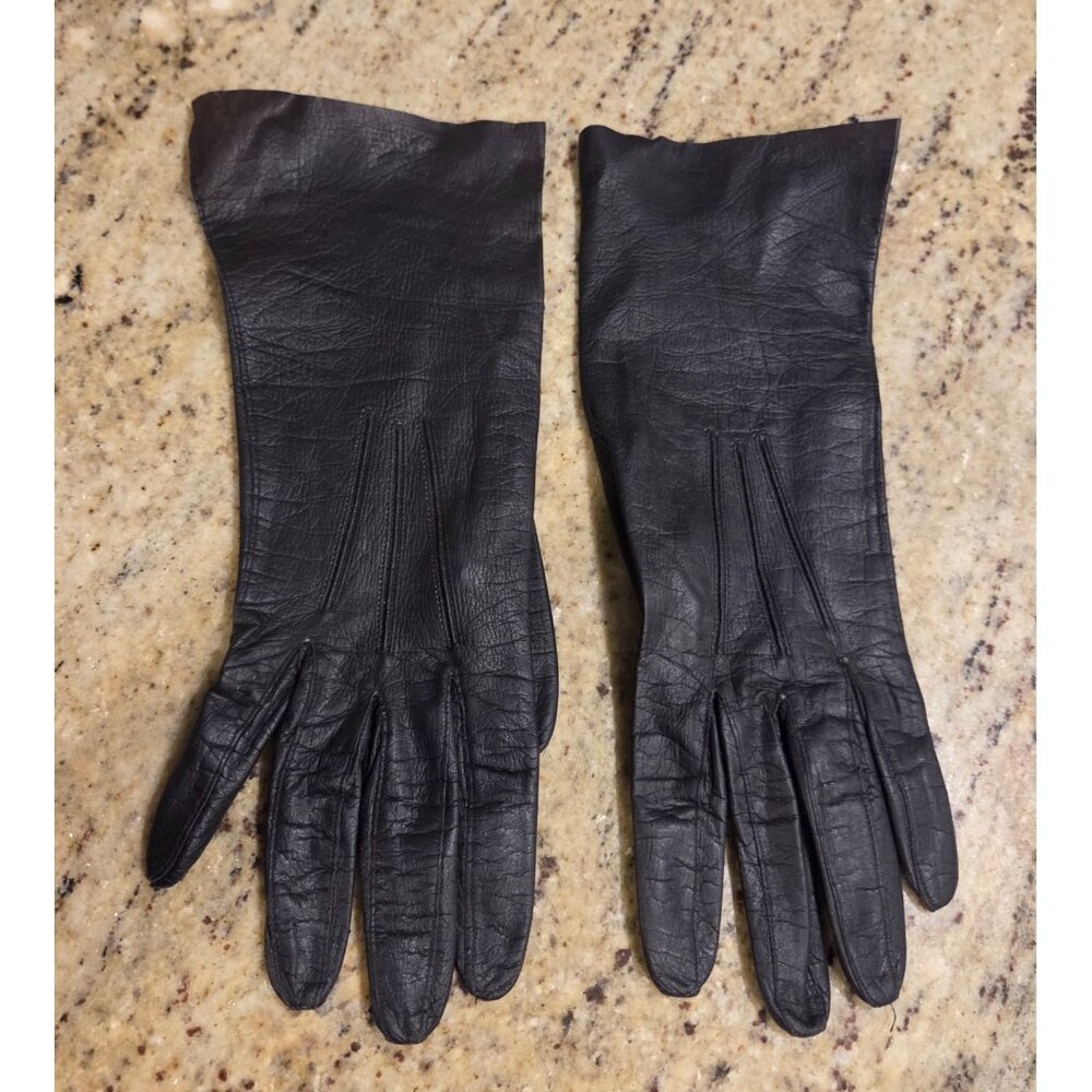 Vintage Womens Size M 7 Black Leather Formal 10.5" Long Gloves Kerrybrooke
